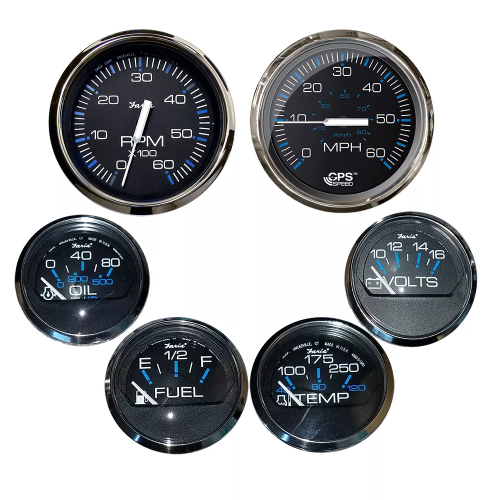 Faria Chesapeake Black w/Stainless Steel Bezel Boxed Set of 6 – Speed, Tach, Fuel Level, Voltmeter, Water TemperatureOil PSI – Inboard Motors[KTF064]