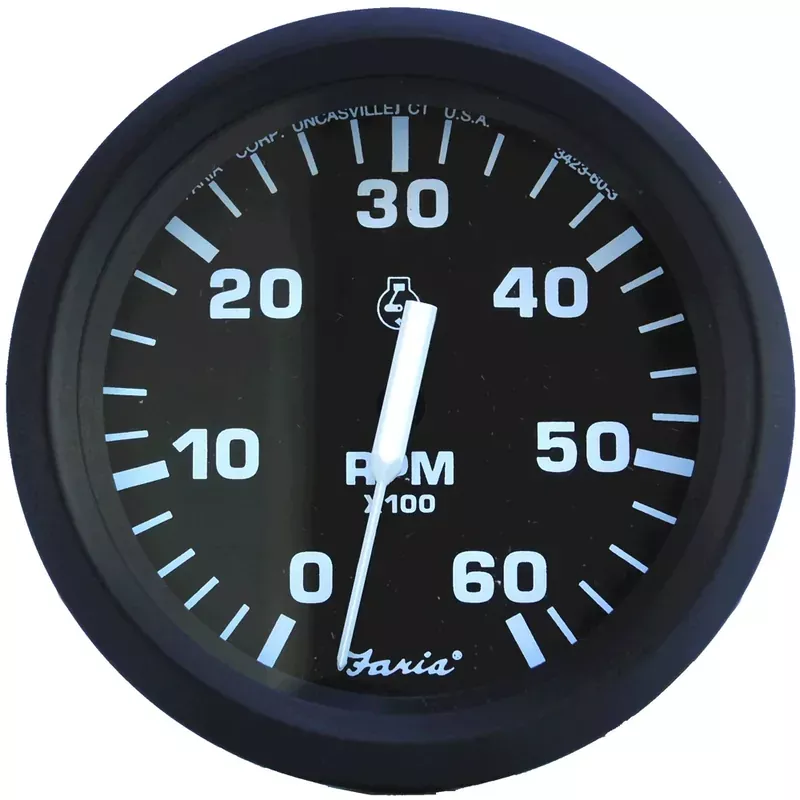 Fresh Stock Faria Euro Black 4″ Tachometer – 6,000 RPM (Gas – Inboard & I/O) [32804]
