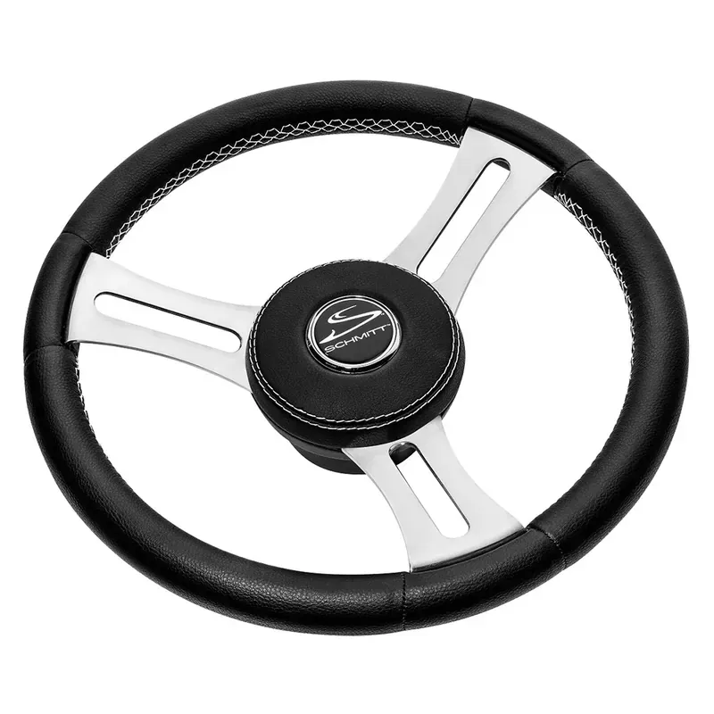 High Quality Schmitt Marine Torcello Elite 14″ Wheel – Black Leather Cap – White Stitching – Polished SS Spokes – 3/4″ Tapered Shaft [PU085241]