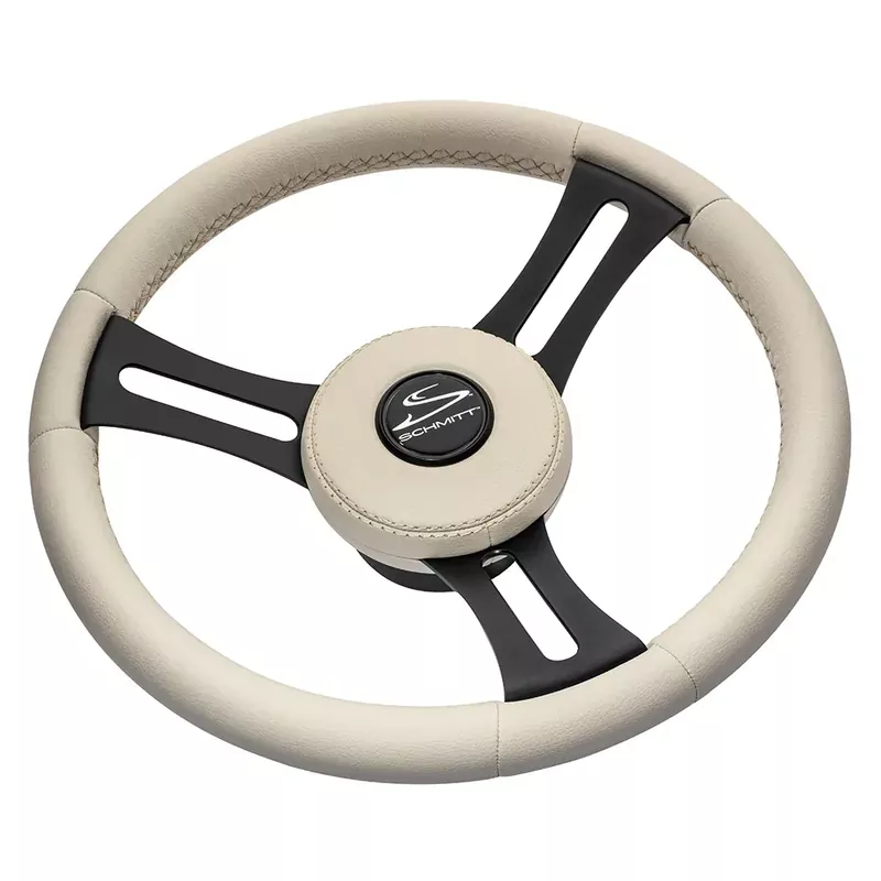Holiday Sale Schmitt Marine Torcello Elite 14″ Wheel – Beige Leather Cap – White Stitching – Black SS Spokes – 3/4″ Tapered Shaft [PU081B11]