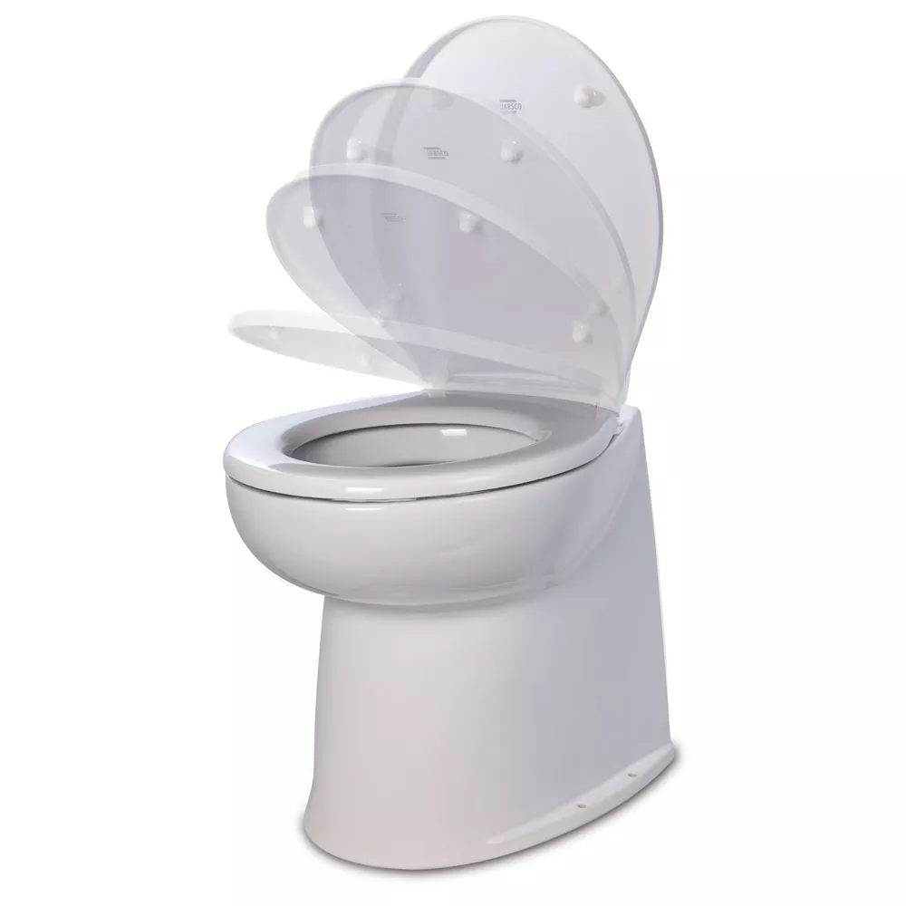 Jabsco Deluxe Flush 14" Straight Back 12V Raw Water Electric Marine Toilet w/Remote Rinse PumpSoft Close Lid [58280-3012]