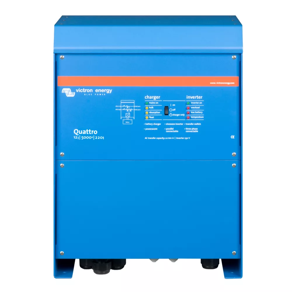 Victron Quattro Inverter/Charger 12 VDC - 5000W -Dual 100AMP 120VAC Inputs - Auto Transfer Switch - 200AMP Battery Charger - Stackable [QUA125021100]