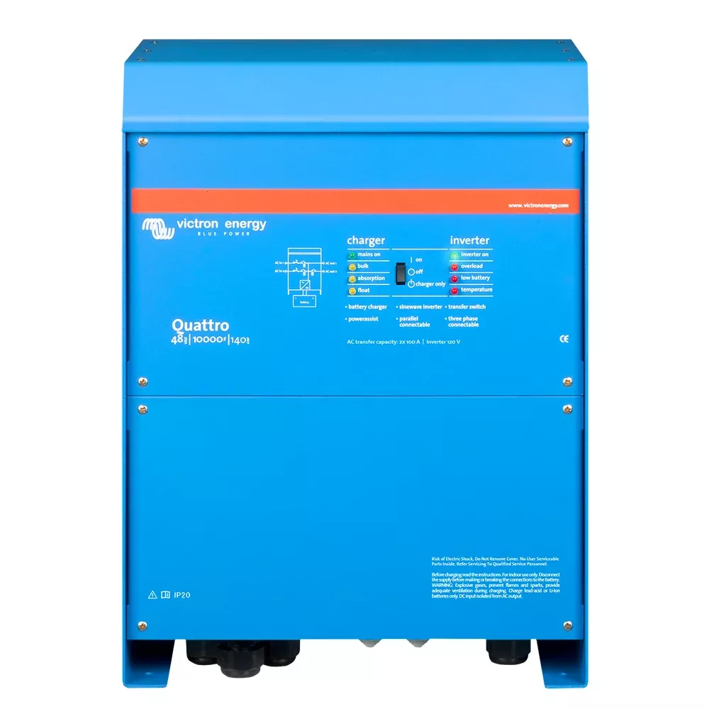 Victron Quattro Inverter/Charger 48 VDC – 10,000W – Dual 100AMP 120V AC Inputs – Auto Transfer Switch – 140AMP Battery Charger – Stackable Top Rated